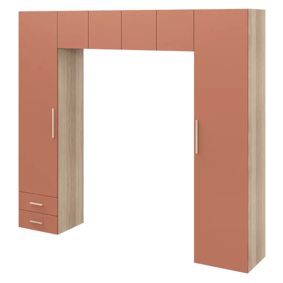 Pont de lit bleu terracotta et effet chêne avec 6 portes et 2 tiroirs GoodHome Atomia H. 225 x L. 250 x P. 45 cm