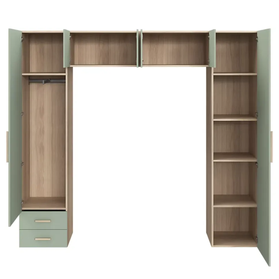 Pont de lit vert agave et effet chêne avec 6 portes et 2 tiroirs GoodHome Atomia H. 225 x L. 250 x P. 45 cm