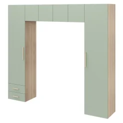 Pont de lit vert agave et effet chêne avec 6 portes et 2 tiroirs GoodHome Atomia H. 225 x L. 250 x P. 45 cm