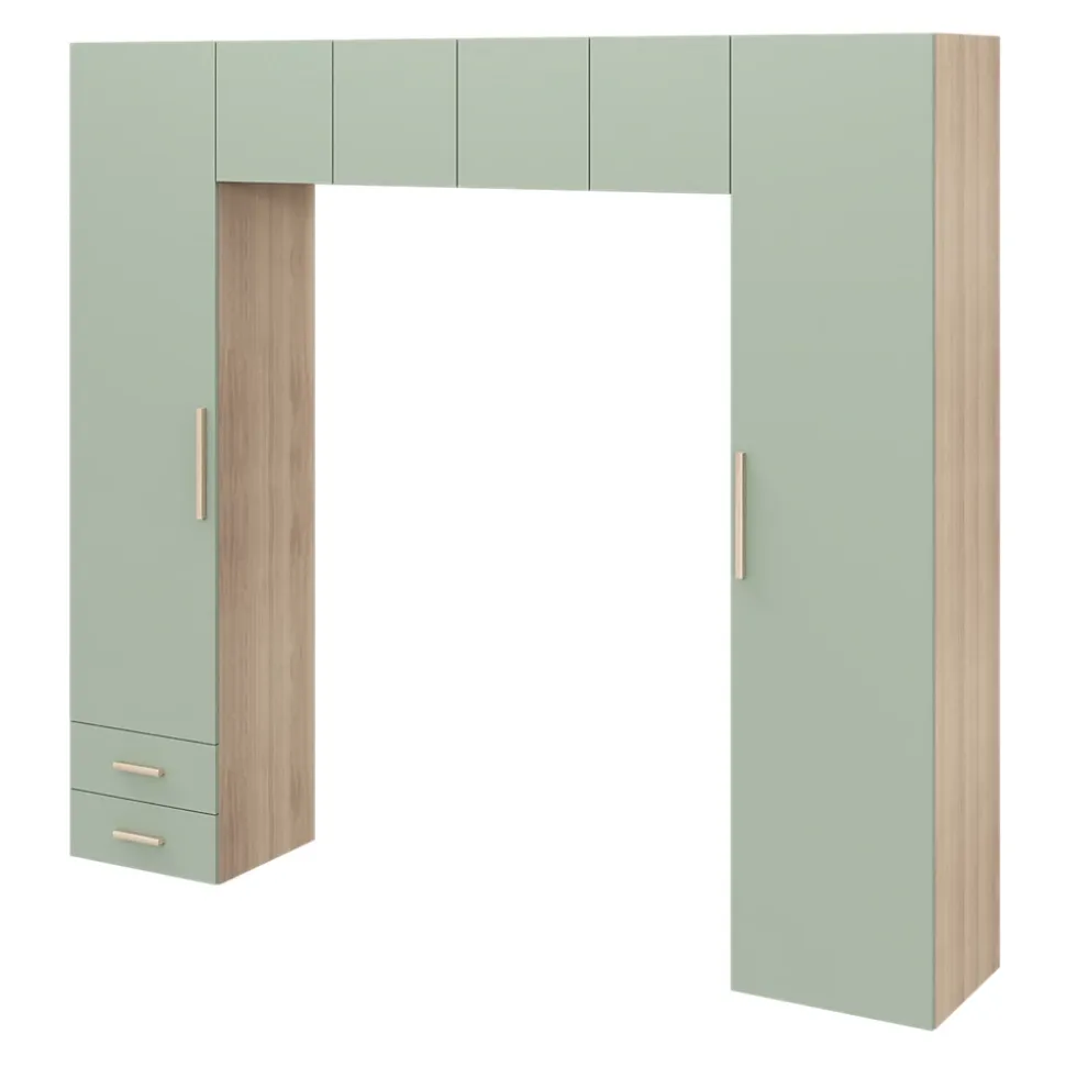Pont de lit vert agave et effet chêne avec 6 portes et 2 tiroirs GoodHome Atomia H. 225 x L. 250 x P. 45 cm