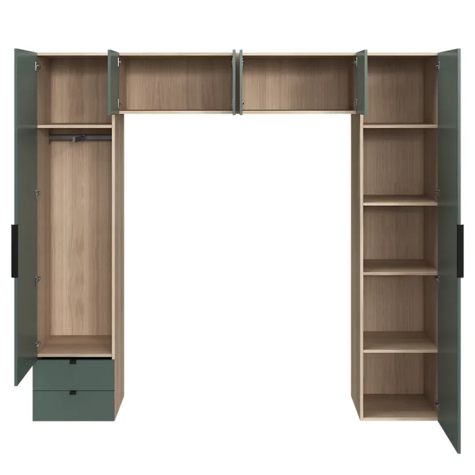 Pont de lit vert forêt et effet chêne avec 6 portes et 2 tiroirs GoodHome Atomia H. 225 x L. 250 x P. 45 cm