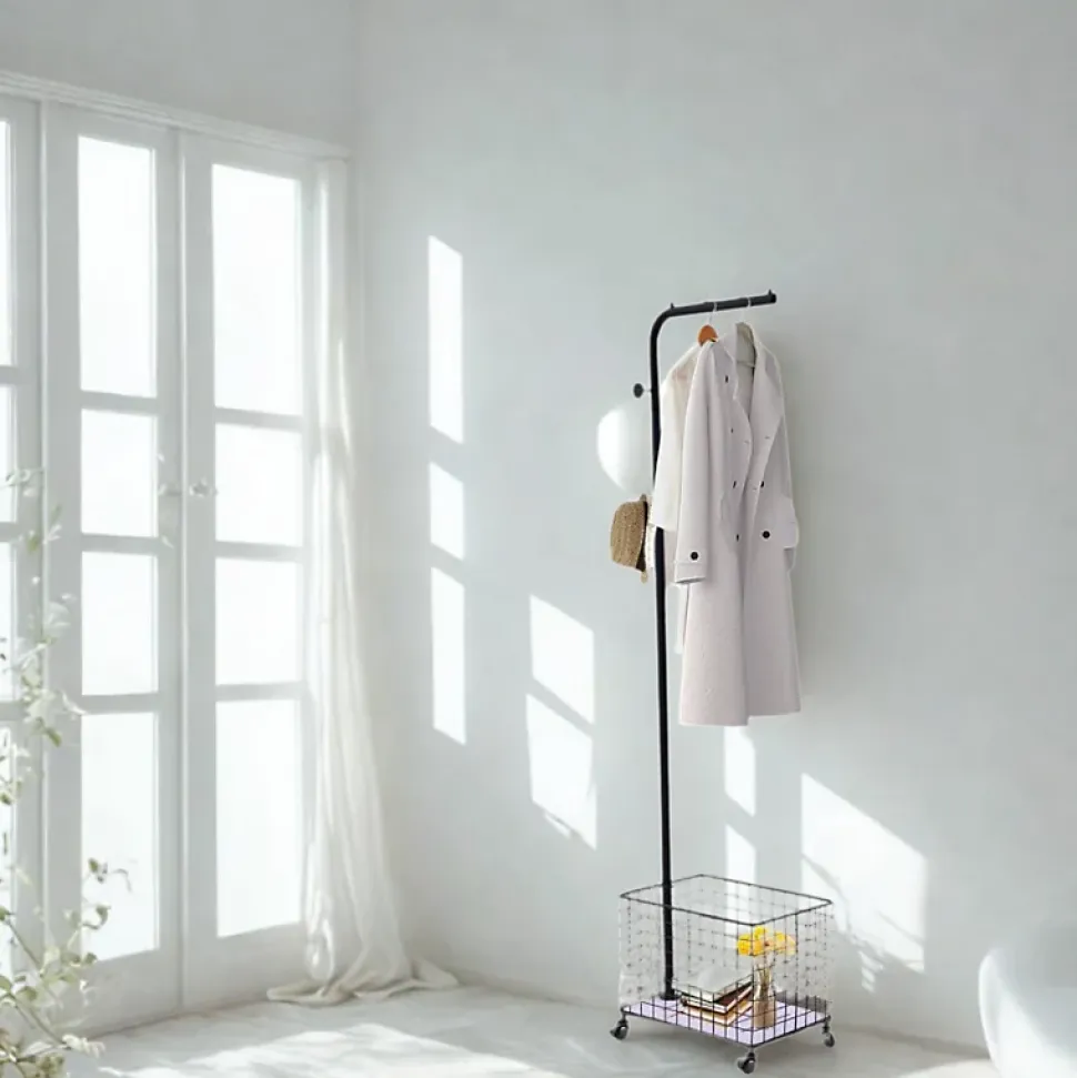 Portant à vêtement avec panier de rangement et crochets - noir