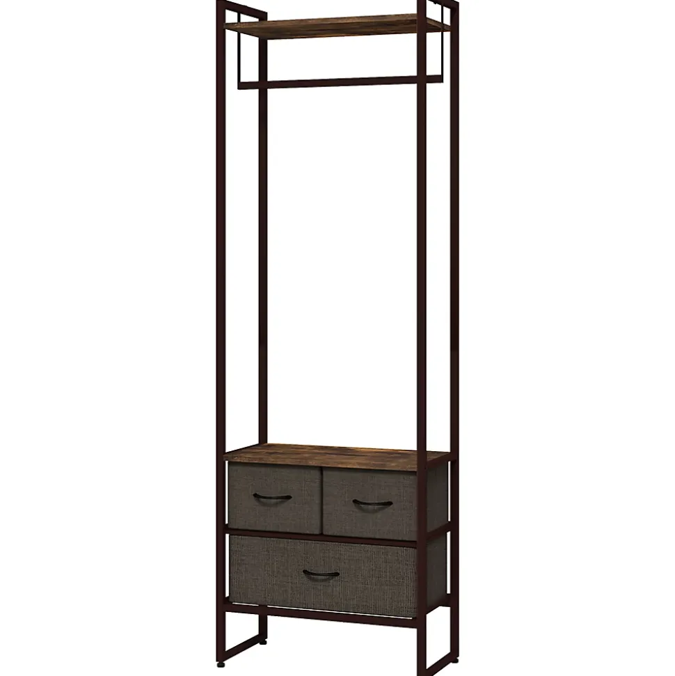 Portant à vêtement style industriel - barre penderie, 2 étagères, 3 tiroirs - acier noir effet bois vieilli