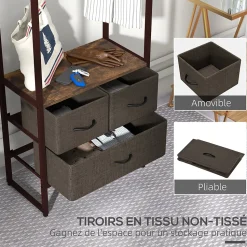 Portant à vêtement style industriel - barre penderie, 2 étagères, 3 tiroirs - acier noir effet bois vieilli