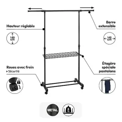 Portant à vêtements avec étendoir à roulettes - Noir- 5five