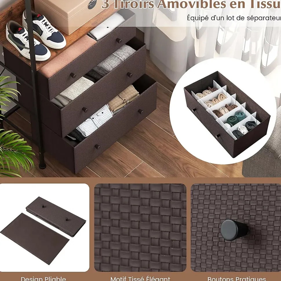 Portant à Vêtements avec Tiroirs et Etagères Porte Manteau Vestiaire en Métal Penderie Style Industriel