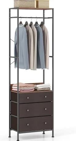 Portant à Vêtements avec Tiroirs et Etagères Porte Manteau Vestiaire en Métal Penderie Style Industriel