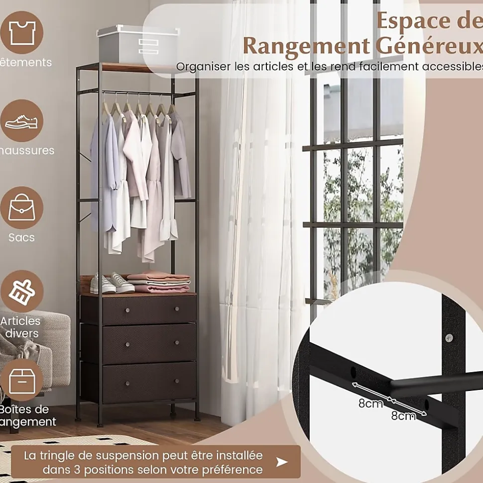 Portant à Vêtements avec Tiroirs et Etagères Porte Manteau Vestiaire en Métal Penderie Style Industriel