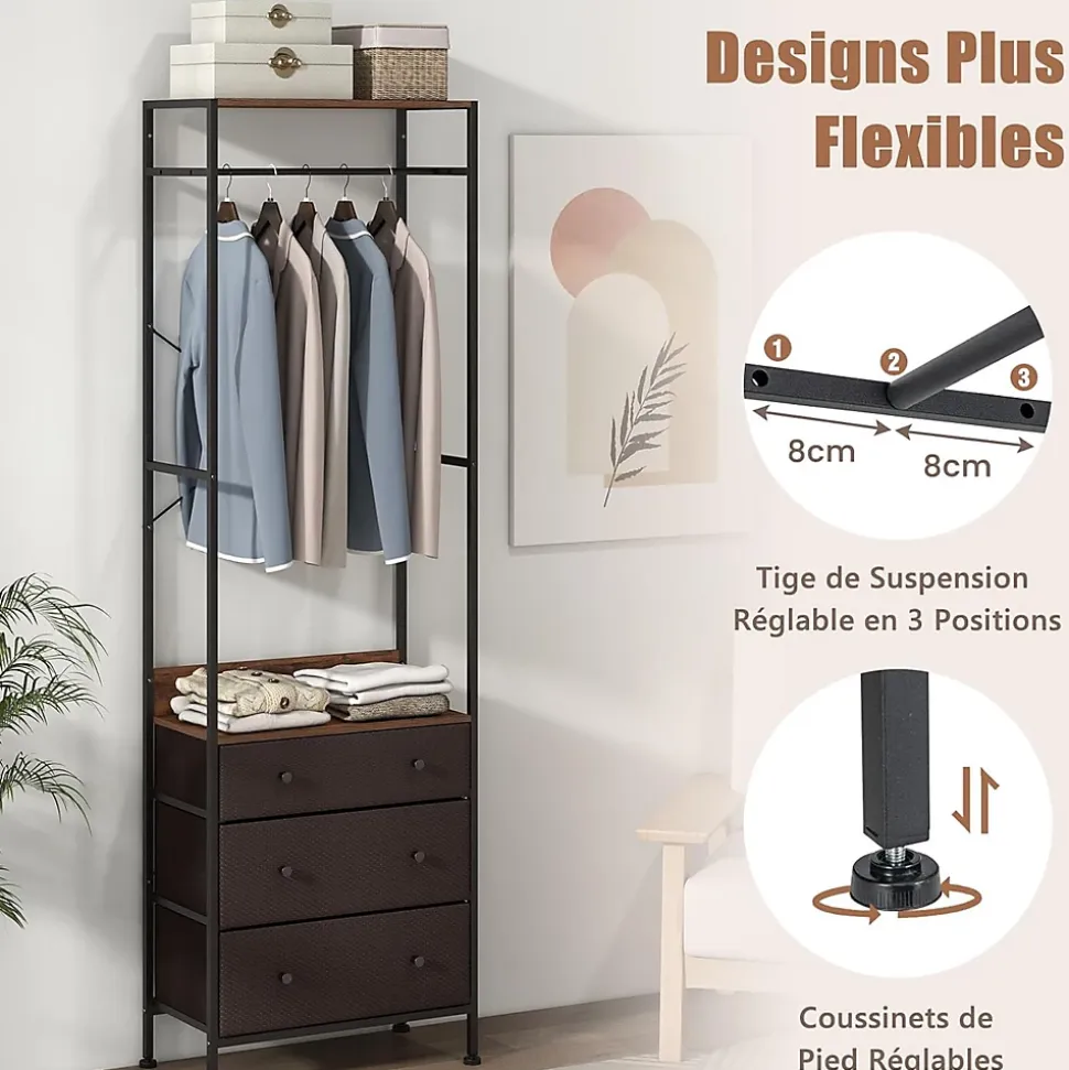 Portant à Vêtements avec Tiroirs et Etagères Porte Manteau Vestiaire en Métal Penderie Style Industriel