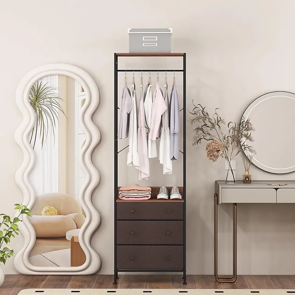 Portant à Vêtements avec Tiroirs et Etagères Porte Manteau Vestiaire en Métal Penderie Style Industriel