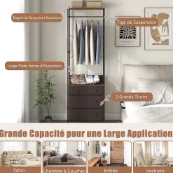 Portant à Vêtements avec Tiroirs et Etagères Porte Manteau Vestiaire en Métal Penderie Style Industriel