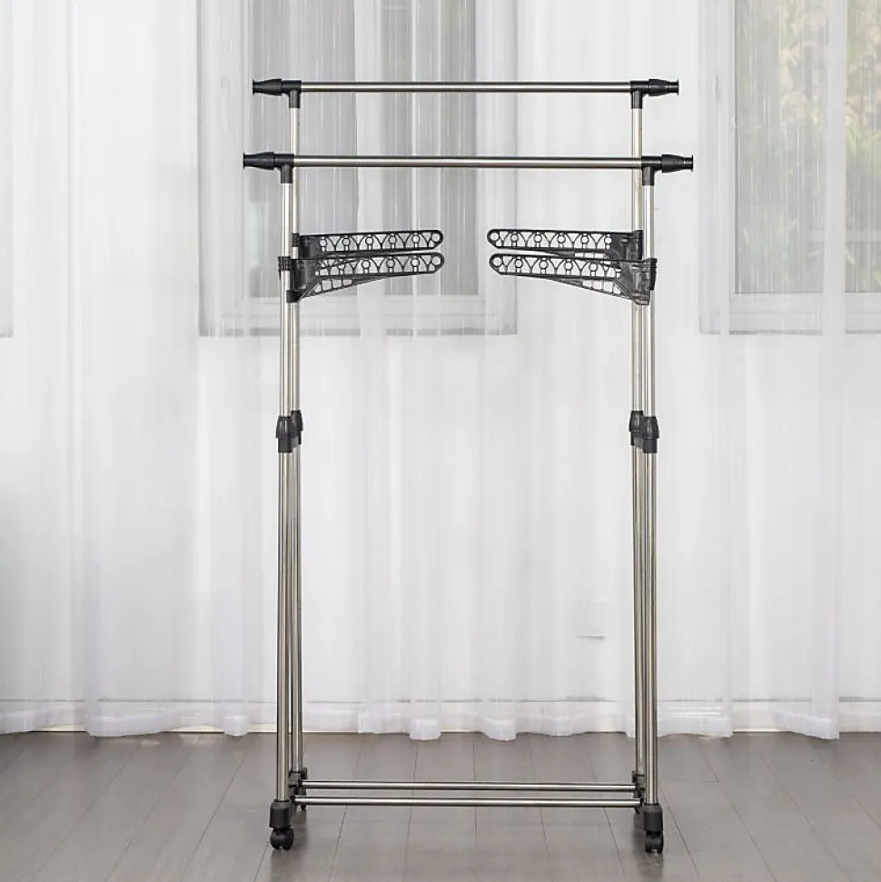 Portant à vêtements double réglable avec roulettes et ailettes de suspension Herzberg HG03275