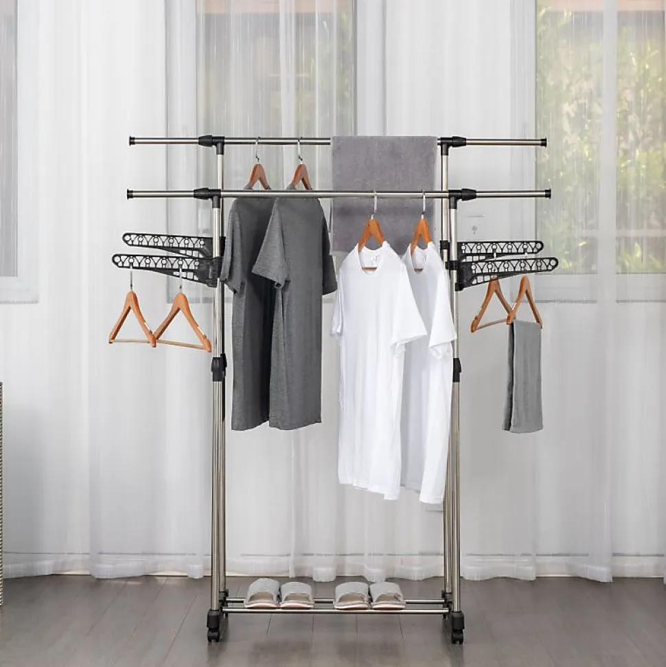 Portant à vêtements double réglable avec roulettes et ailettes de suspension Herzberg HG03275