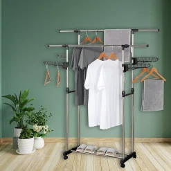 Portant à vêtements double réglable avec roulettes et ailettes de suspension Herzberg HG03275