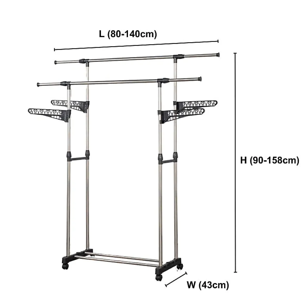 Portant à vêtements double réglable avec roulettes et ailettes de suspension Herzberg HG03275