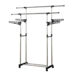Portant à vêtements double réglable avec roulettes et ailettes de suspension Herzberg HG03275