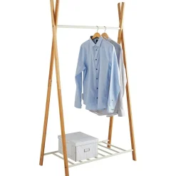 Portant à vêtements en bambou naturel et métal blanc 93 x 50 x 173 cm