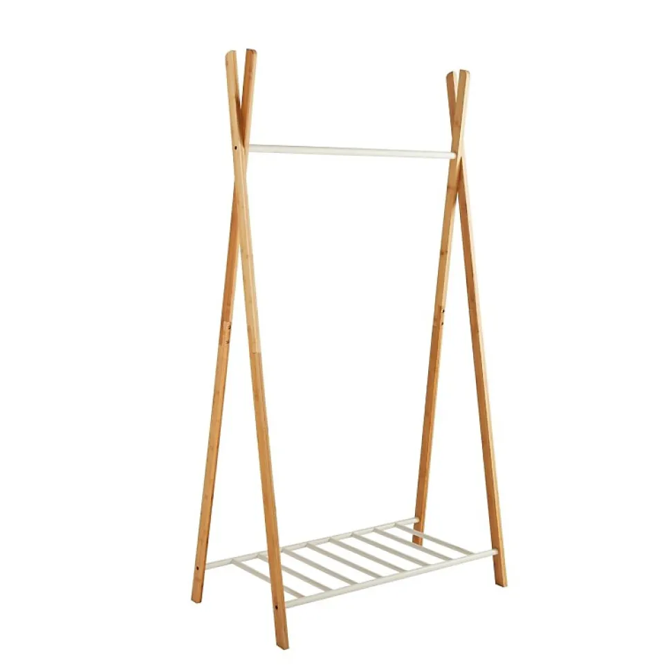 Portant à vêtements en bambou naturel et métal blanc 93 x 50 x 173 cm
