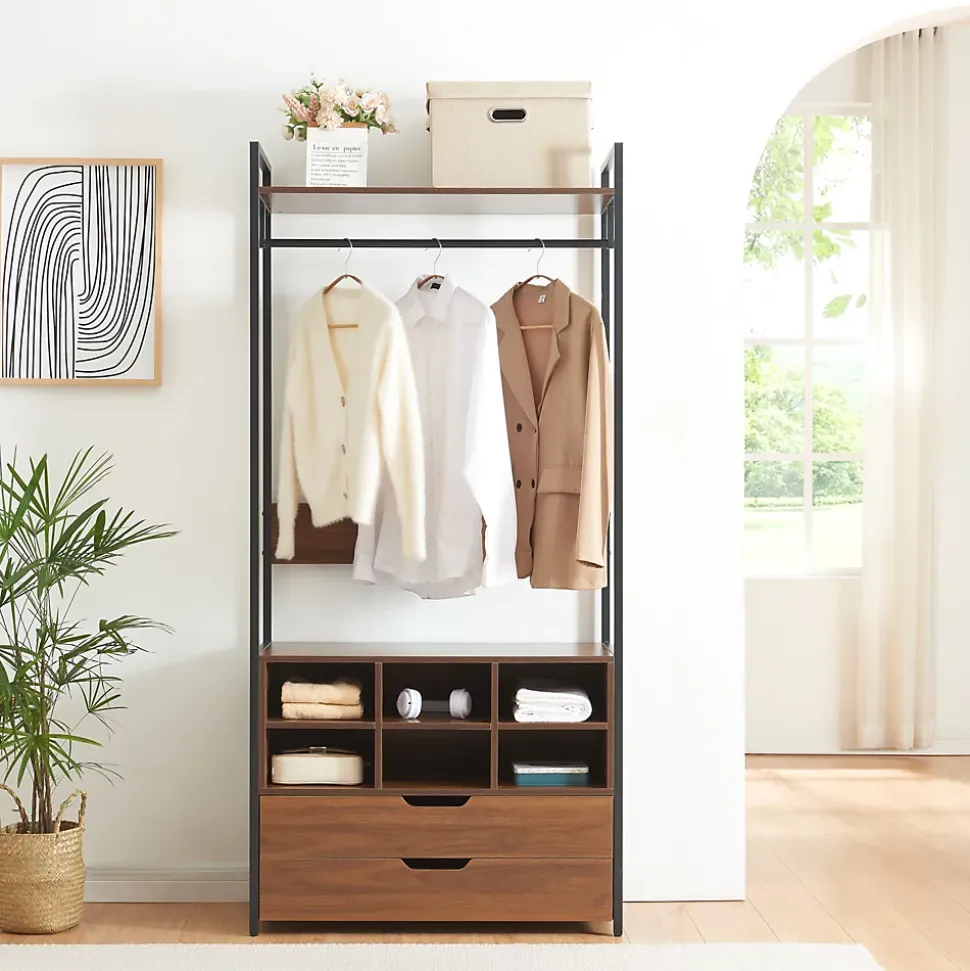 Portant à vêtements Larem avec 6 compartiments 180 x 84 x 40 cm noir effet noyer en.casa
