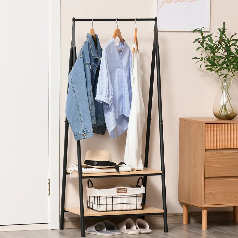 Portant à vêtements penderie style contemporain triangulaire dim. 64L x 43l x 149H cm 2 étagères MDF bois clair acier noir