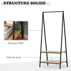 Portant à vêtements penderie style contemporain triangulaire dim. 64L x 43l x 149H cm 2 étagères MDF bois clair acier noir