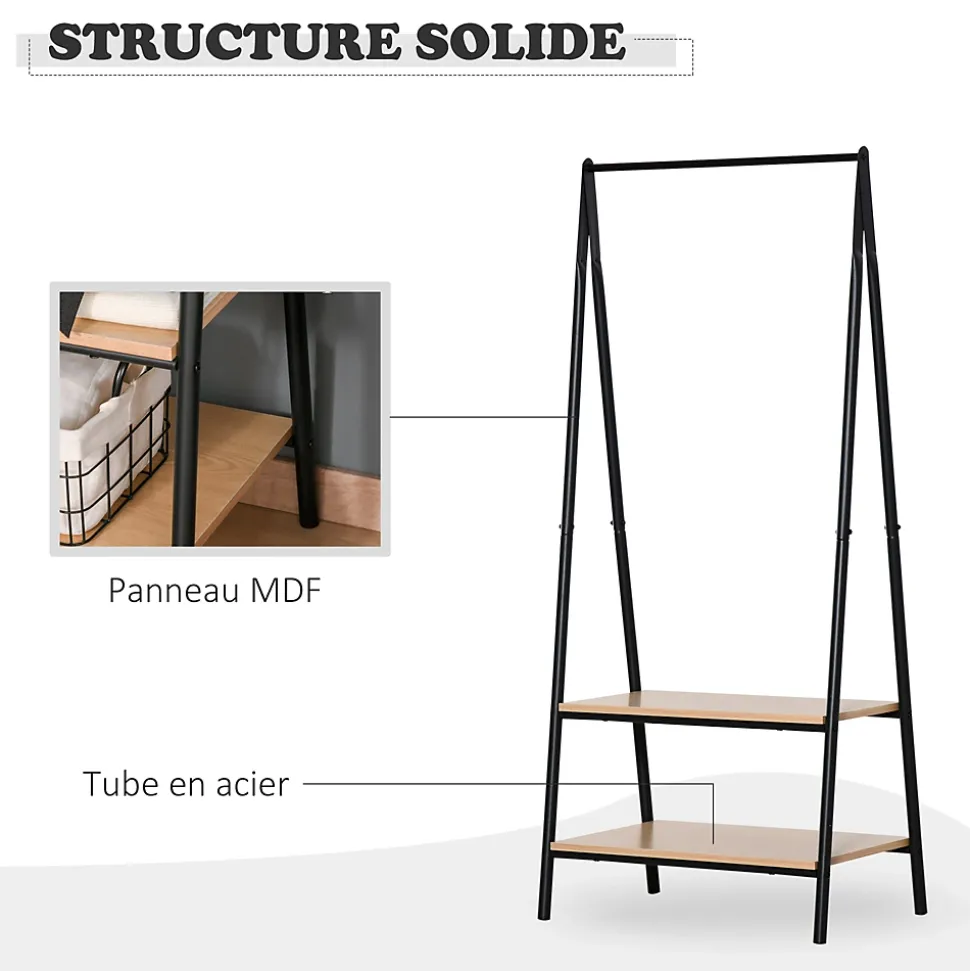 Portant à vêtements penderie style contemporain triangulaire dim. 64L x 43l x 149H cm 2 étagères MDF bois clair acier noir