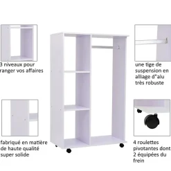 Portant à vêtements penderie mobile avec roulettes 3 étagères latérales + grand espace penderie panneaux particules blanc