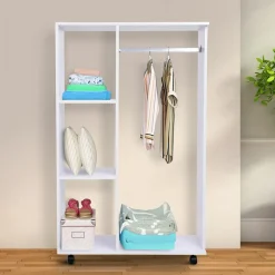 Portant à vêtements penderie mobile avec roulettes 3 étagères latérales + grand espace penderie panneaux particules blanc