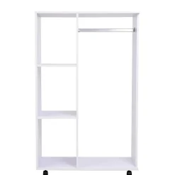 Portant à vêtements penderie mobile avec roulettes 3 étagères latérales + grand espace penderie panneaux particules blanc