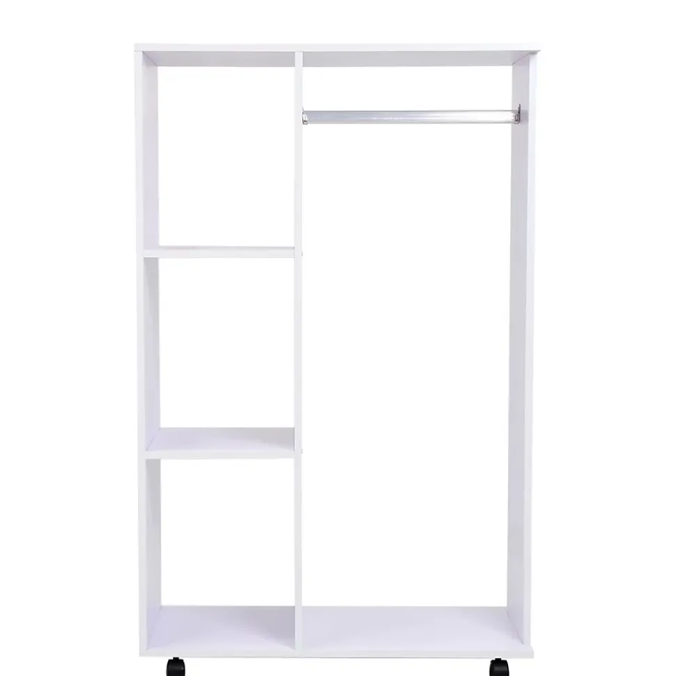 Portant à vêtements penderie mobile avec roulettes 3 étagères latérales + grand espace penderie panneaux particules blanc