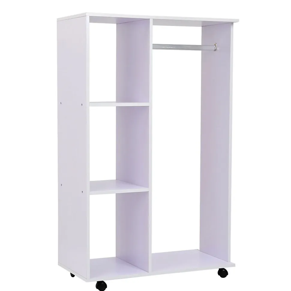 Portant à vêtements penderie mobile avec roulettes 3 étagères latérales + grand espace penderie panneaux particules blanc