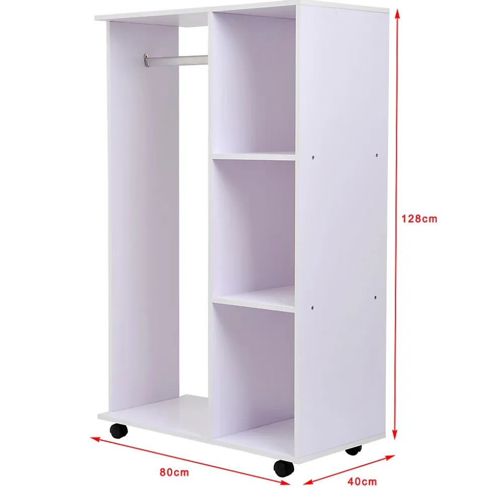 Portant à vêtements penderie mobile avec roulettes 3 étagères latérales + grand espace penderie panneaux particules blanc