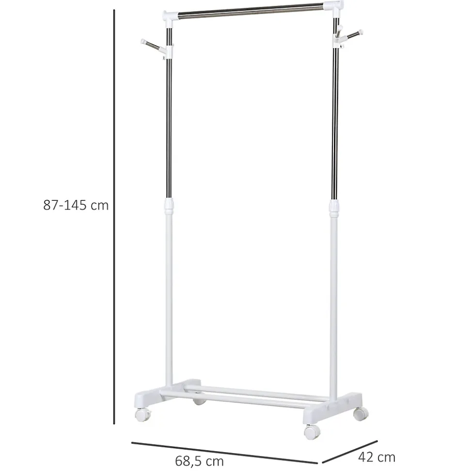 Portant à vêtements sur roulettes - hauteur réglable - 2 patères doubles - acier inox PP blanc
