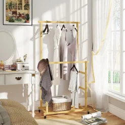 Portant bois bambou naturel verni - penderie mobile double barre et étagère - 80 x 40 x 160 cm