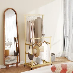 Portant bois bambou naturel verni - penderie mobile double barre et étagère - 80 x 40 x 160 cm