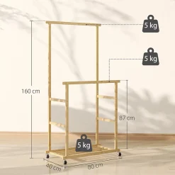 Portant bois bambou naturel verni - penderie mobile double barre et étagère - 80 x 40 x 160 cm