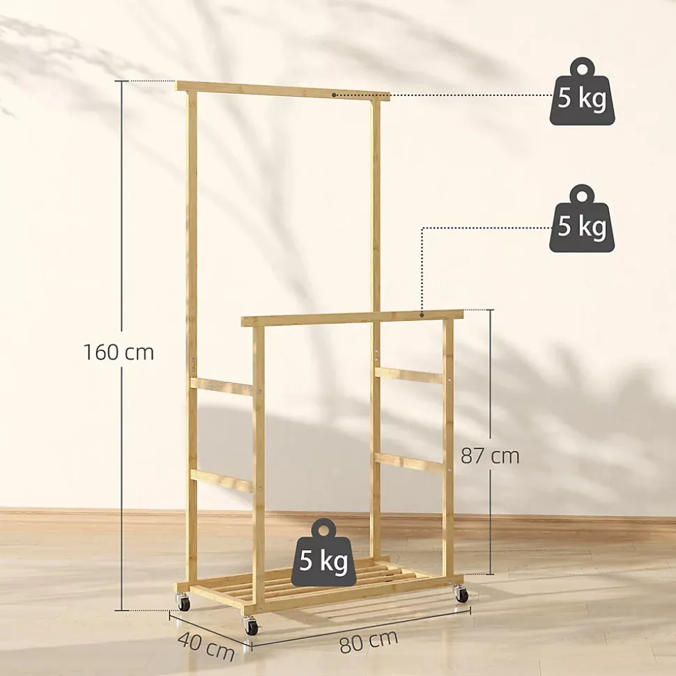 Portant bois bambou naturel verni - penderie mobile double barre et étagère - 80 x 40 x 160 cm