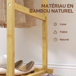 Portant bois bambou naturel verni - penderie mobile double barre et étagère - 80 x 40 x 160 cm