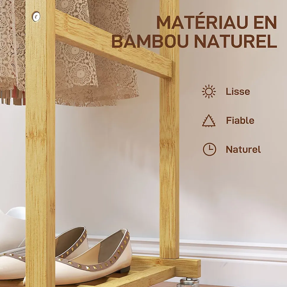 Portant bois bambou naturel verni - penderie mobile double barre et étagère - 80 x 40 x 160 cm