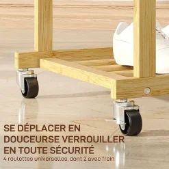 Portant bois bambou naturel verni - penderie mobile double barre et étagère - 80 x 40 x 160 cm