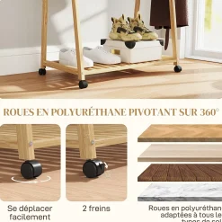 Portant penderie à vêtements en bambou mobile 4 roulettes 2 étagères dim. 84,5L x 43,5l x 158H cm