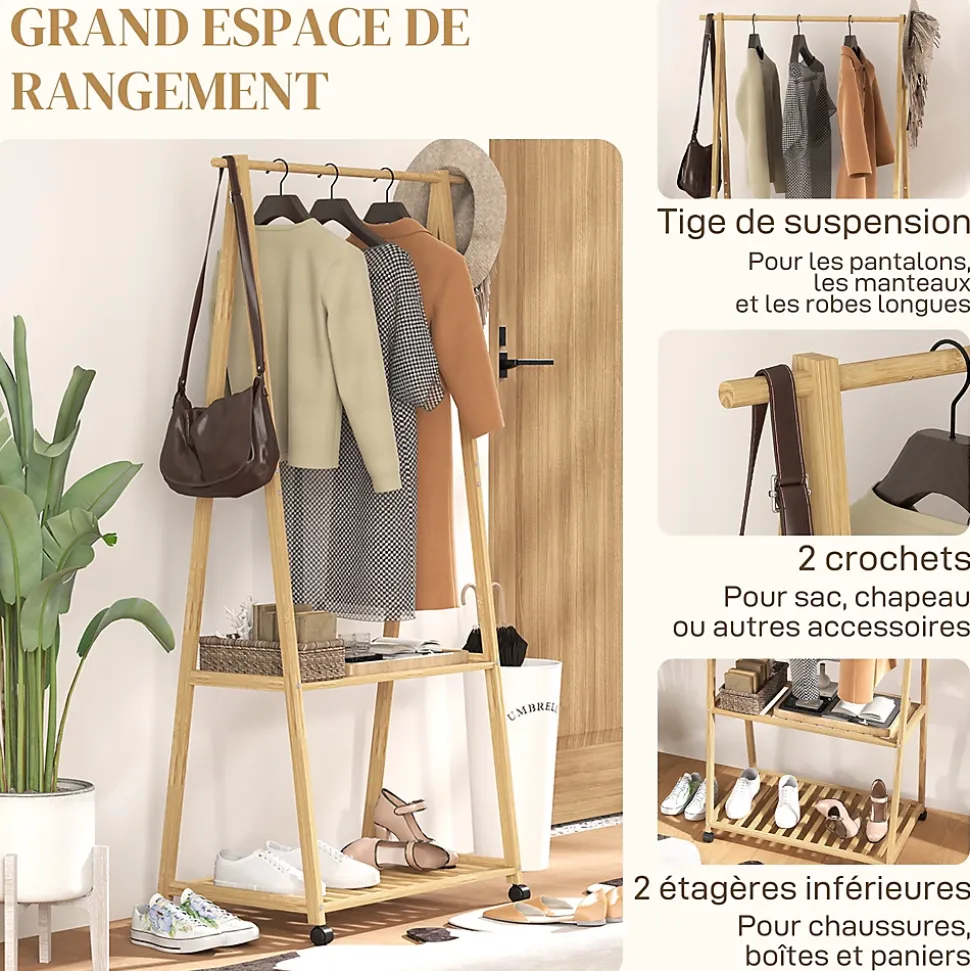 Portant penderie à vêtements en bambou mobile 4 roulettes 2 étagères dim. 84,5L x 43,5l x 158H cm