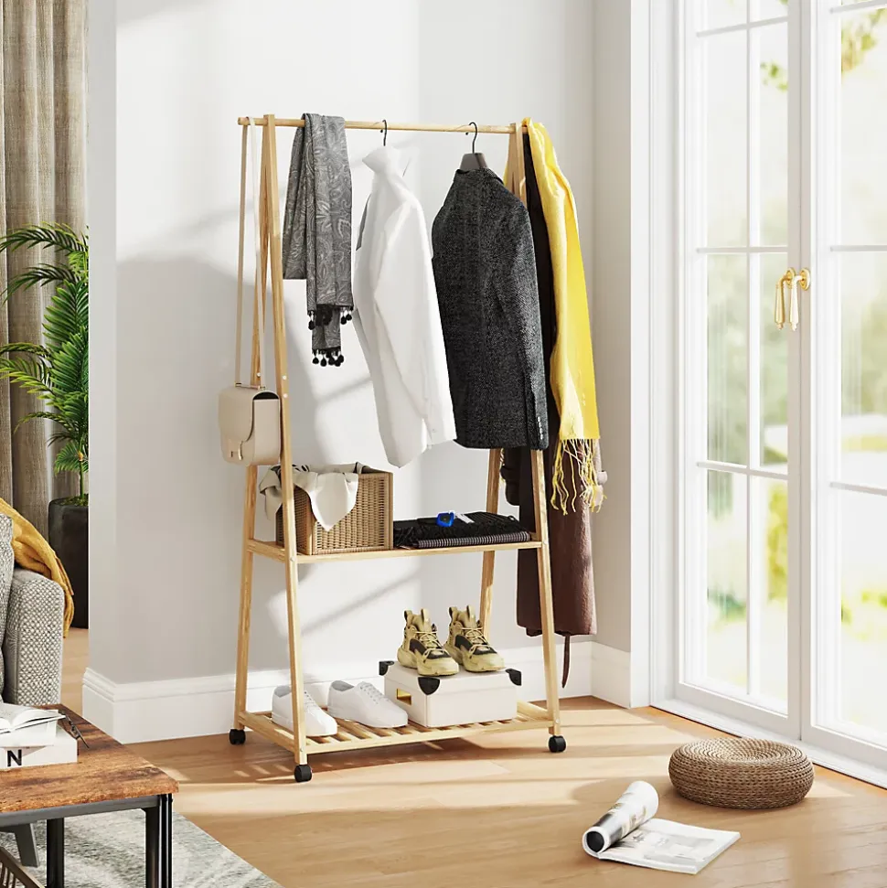 Portant penderie à vêtements en bambou mobile 4 roulettes 2 étagères dim. 84,5L x 43,5l x 158H cm