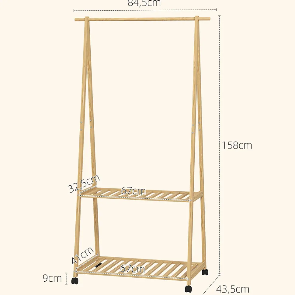 Portant penderie à vêtements en bambou mobile 4 roulettes 2 étagères dim. 84,5L x 43,5l x 158H cm