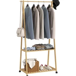 Portant penderie à vêtements en bambou mobile 4 roulettes 2 étagères dim. 84,5L x 43,5l x 158H cm