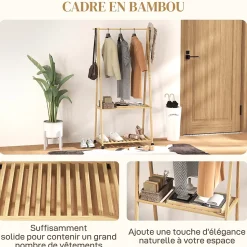 Portant penderie à vêtements en bambou mobile 4 roulettes 2 étagères dim. 84,5L x 43,5l x 158H cm
