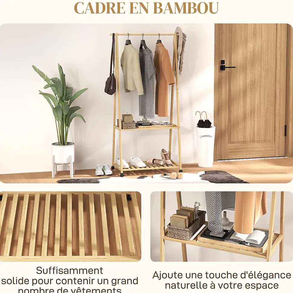 Portant penderie à vêtements en bambou mobile 4 roulettes 2 étagères dim. 84,5L x 43,5l x 158H cm