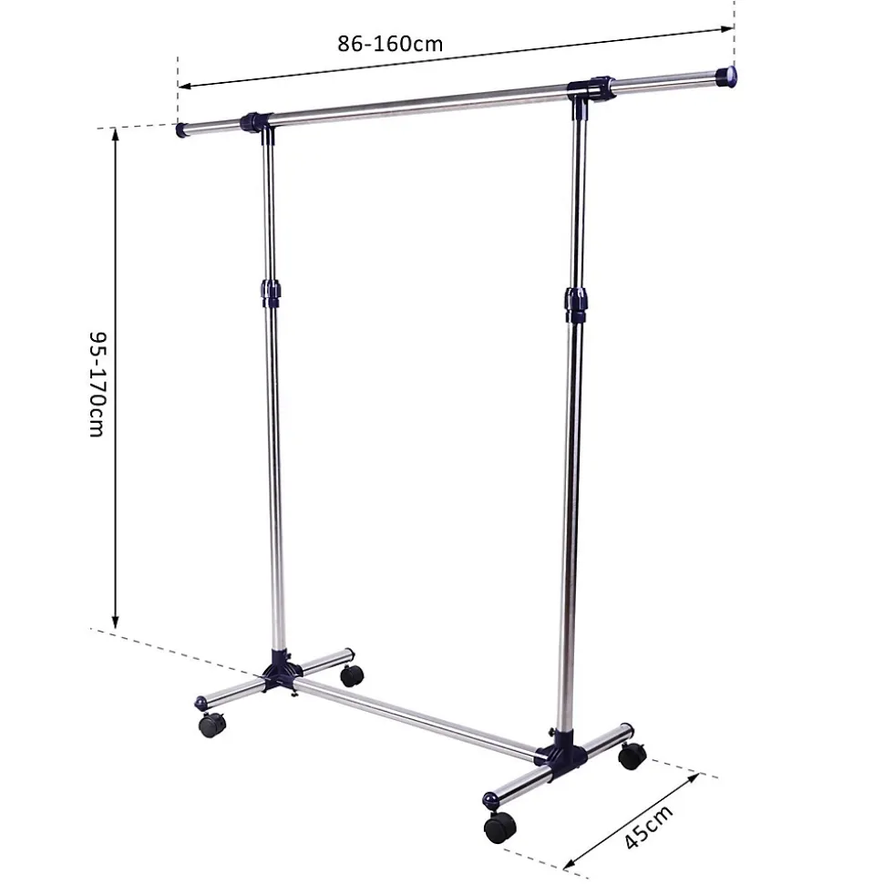 Portant sur roulettes - portant à vêtements réglable en hauteur et longueur - dim. 86/160L x 45l x 95/170H cm - acier inox.