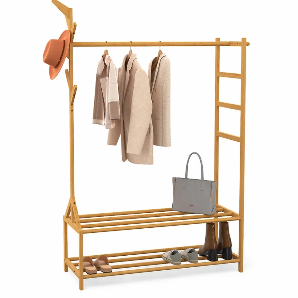 Portant vêtements bambou RITA avec porte-manteaux et étagères