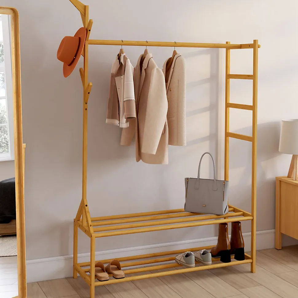 Portant vêtements bambou RITA avec porte-manteaux et étagères